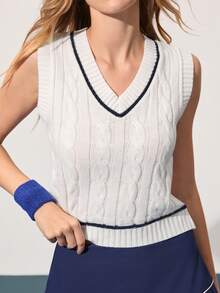 CourtClass Women's Regular Fit Sleeveless Twist Knit V-Neck Sweater Vest - White - View 3