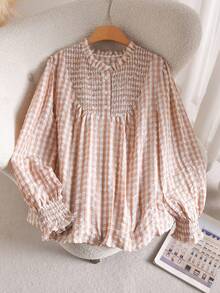 CosyJoli 大码休闲格子荷叶领半开襟套头长袖A字衬衫 - 杏色 - 查看 3