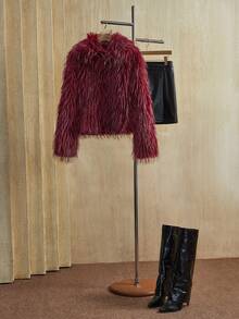 Anewsta 时尚酒红色和黑色仿皮草短外套，女士秋冬款 - 酒紅色 - 查看 4