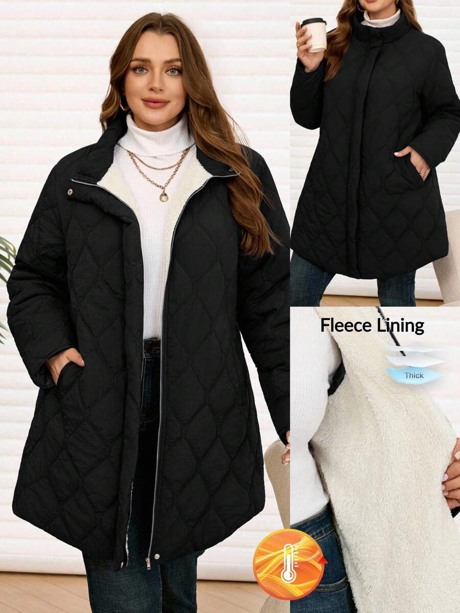 EMERY ROSE Plus Size Women's Solid Color Long Sleeve Zip-Up Casual Fleece Jacket, Winter - Black - View 1