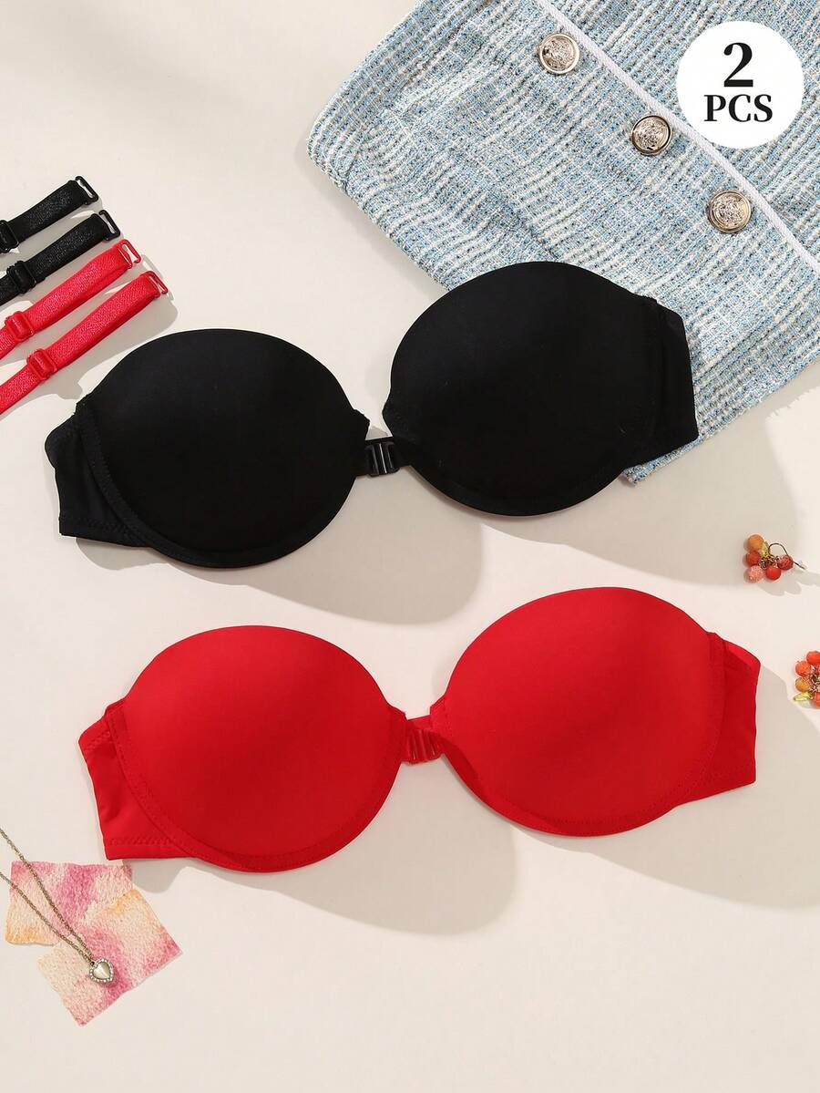 DesireSculpt 2pcs Women Solid Color Simple Bra Set - Multicolor - View 1