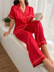 Snug Zone Conjunto de Pijama Cardigan com Bordado e Acabamento de Jacquard Falso Seda Listrado - Vermelho - Visão 1