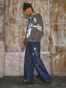 Manfinity NXTstreet Men's Washed Loose Casual Rhinestone Embellished Pants - Blue - View 6