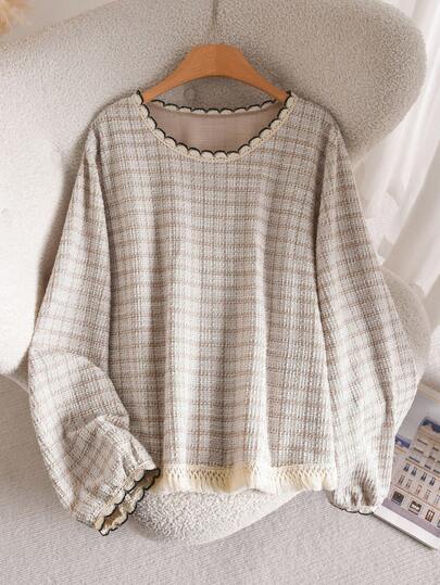 CosyJoli 大码休闲格子拼接荷叶边圆领套头T恤，女款