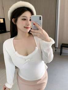 Dazy Plus Plus Size Women Solid Color Patchwork Fringe Elastic Fitted Sleepwear Top, White Pajamas - White - View 6