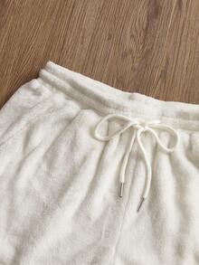 SWAVVY 男士极简印花长袖套头卫衣和短裤套装 - 白色 - 查看 5