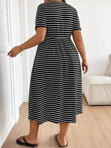Plussiva 大码孕妇条纹圆领短袖抽绳腰休闲连衣裙 - 黑色 - 查看 2