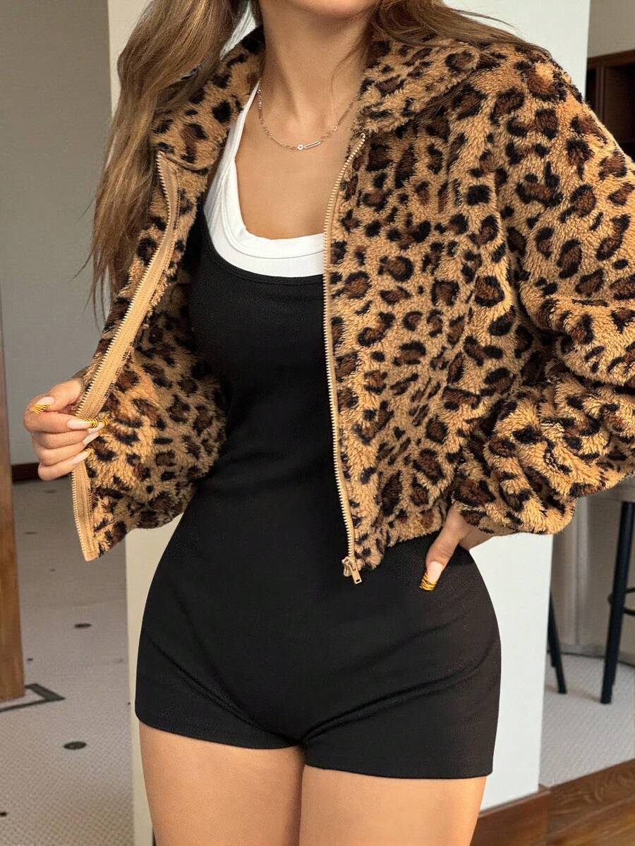 SHEIN EZwear 时尚复古豹纹毛绒大码夹克外套，秋冬