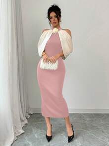 Elenzga Color Block 3D Floral Decor Off Shoulder Casual Dress Maxi Women Outfit - Dusty Pink - View 5