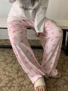 Dazy Plus 松紧腰宽松直筒蝴蝶印花可爱睡裤，春秋季 - 粉色 - 查看 5