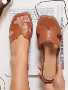 SHUZIA 女式简约纯色镂空平底凉鞋，圣诞假期休闲氛围，适合秋冬季