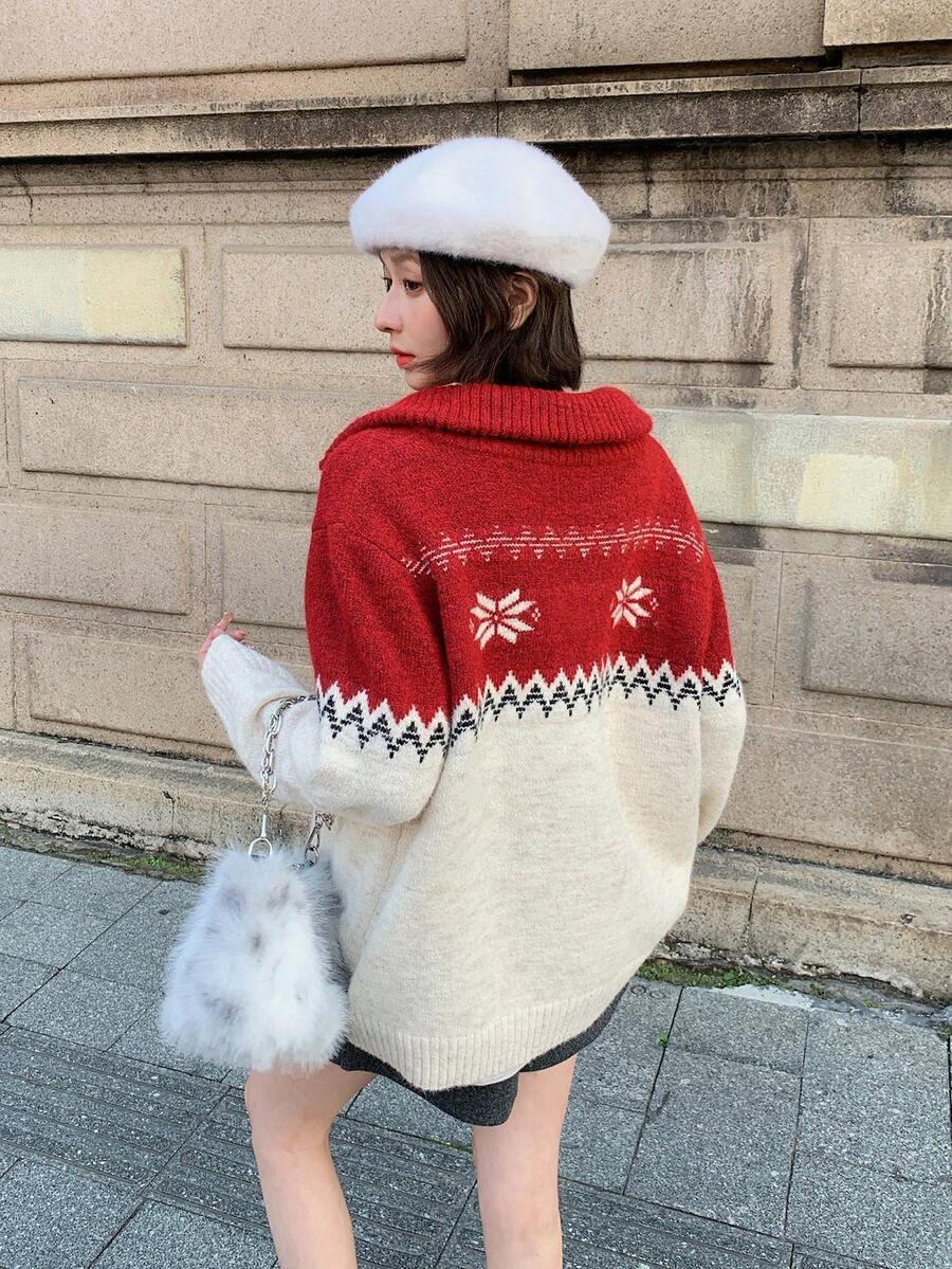 DAZY Áo len dài tay họa tiết gradient phong cách Hàn Quốc theo phong cách Giáng sinh Colorblock dành cho nữ, Thu/Đông - Đỏ - Xem 1