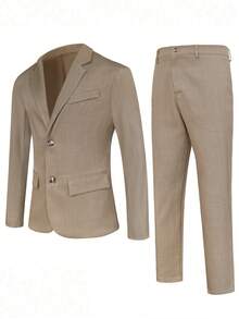 Manfinity Mode 男士纯色翻领口袋西装外套和裤子套装，适合聚会和通勤穿着。 - 卡其色 - 查看 4