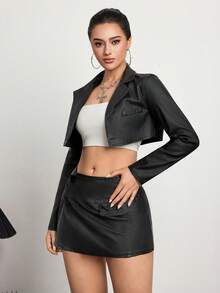 SHEIN Unity Women's Personalized Mini Skirt, Solid Color Leather Bodycon Skirt - Black - View 1