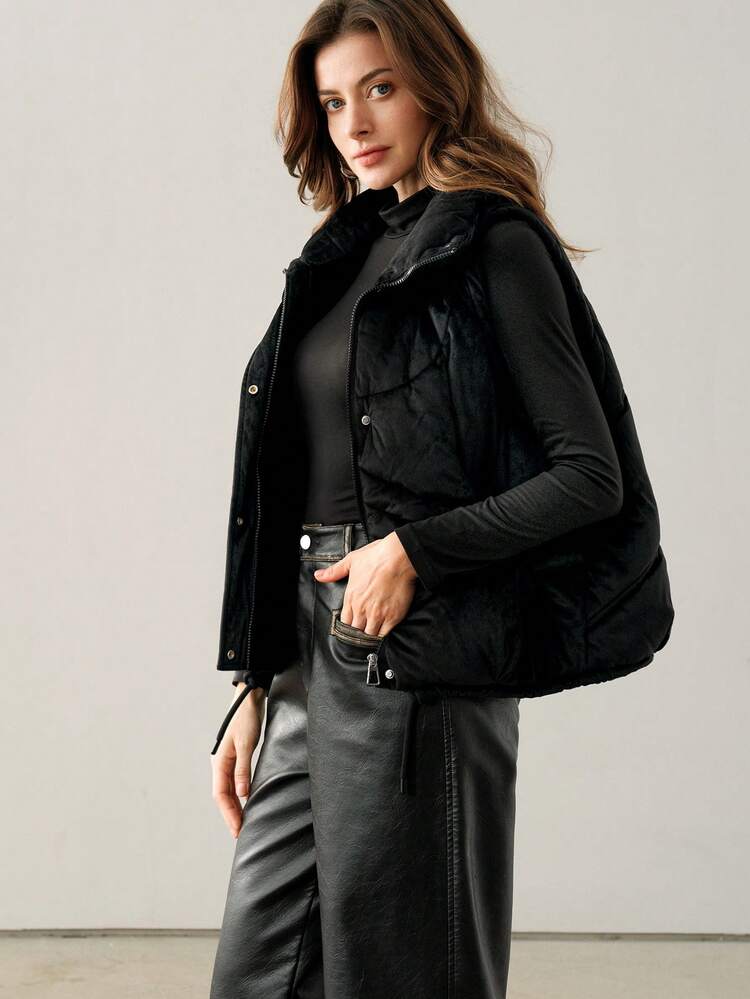 Chaleco casual suelto con cremallera delantera de unicolor para mujer, para invierno