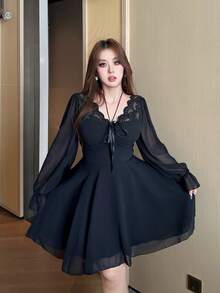 Vibekara Spring, Summer, Fall, Elegant, Vacation French Retro Chiffon & Lace Bow Tie Decor Soft Waist Slimming Halter Ruffle Hem Long Sleeve Dress Women Short Skirt Flared - Black - View 1