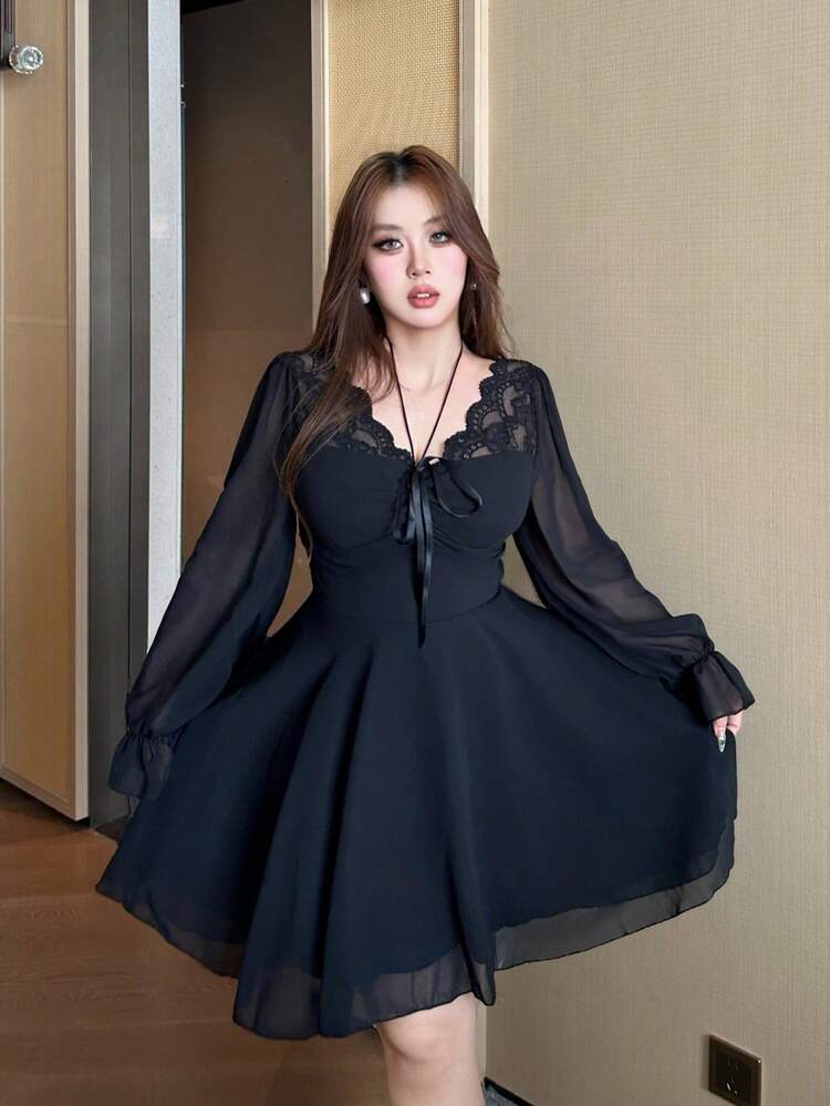 Vibekara Vestido de manga larga con volantes, cintura suave y falda corta acampanada, de estilo retro francés elegante de gasa y encaje, ideal para primavera, verano y vacaciones - Negro - Añade 1