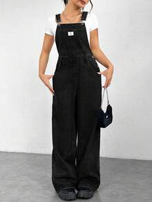 SHEIN ICON Women's Letter Embroidered Pocket Wide Leg Casual Denim Jumpsuit - Black - View 4