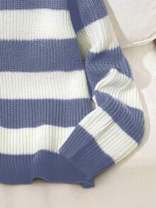 SHEIN 青少年女孩休闲条纹拼色露肩宽松蝙蝠袖长袖毛衣，秋冬 - 藍白色 - 查看 6