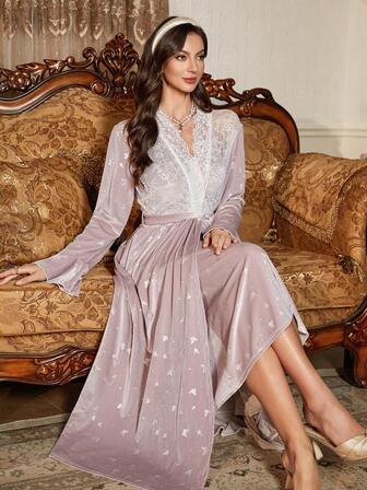 PalaceNights Sexy Lace Patchwork Butterfly Embossed Velvet Long Camisole Nightgown And Robe Set