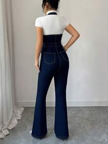 Elenzga Women's Denim Bib Pants And Jumpsuit V-Neck Sleeveless Denim Jumpsuit With Cinched Waist And Zipper, Sleeveless Flared Long Pants - Dark Wash - View 2