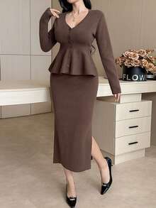 DAZY 2pcs Women V-Neck Dropped Shoulder Long Sleeve Ruffle Hem Knit Sweater Set - Grey - View 7