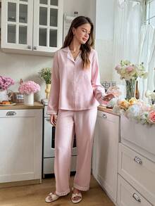 Snug Reverie Pink Striped Patchwork Lapel Long Sleeve Pajama Set Light Pink Pajama Set Bridesmaid Pajamas Set Personalised Sleep Wear Women 2 Pieces Set Mom Pink Pj Set Women Women's Loungewear Set - Baby Pink - View 5