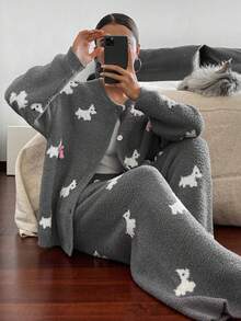 DAZY 2pcs Women Puppy Pattern Loose Knit Cardigan Long Sleeve And Pants Pajama Set, Autumn/Winter - Grey - View 4