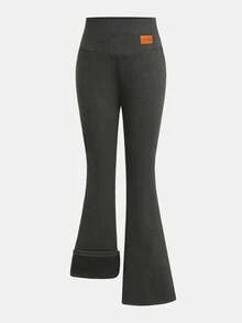 2 pièces Pantalon évasé taille haute avec doublure thermique et patch en PU, style décontracté et polyvalent pour les préadolescentes, automne/hiver - Acajou - Voir 5