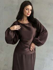 Firerie Women's New Elegant Romantic Casual Urban Commute Elegant Fashion Versatile Coffee Brown Round Neck Batwing Long Sleeve Tie-Waist X-Shaped Regular Fit Blouse & Regular Fit Loose Fish Tail Hem Skirt, Teacher Outfit, Autumn - Brown - View 3