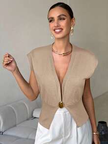Lavishia Áo vest dệt kim cạp rộng có nút kim loại, trang phục công sở thời trang đi làm cho nữ - Màu be - Xem 3