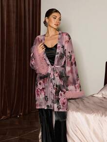 SHEIN Damen Pyjama Set, Blume Muster Patchwork Volant Saum Morgenmantel, Kapuzen Trägerhemd, Hose mit Volant Saum