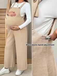 SHEIN Maternity Solid Color Button Design Wide Leg Loose Casual Jumpsuit, Autumn - Camel - View 1