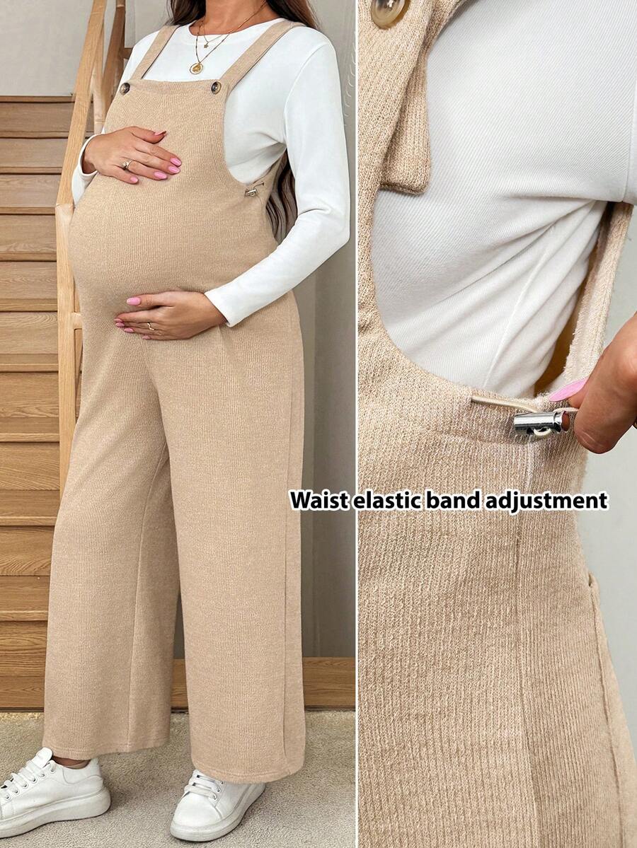 SHEIN Maternity Solid Color Button Design Wide Leg Loose Casual Jumpsuit, Autumn - Camel - View 1