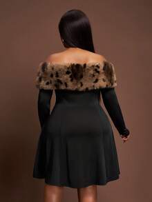 Veslaya 2025 New Autumn/Winter Faux Fur Patchwork Off Shoulder Long Sleeve A-Line Dress, Suitable For Party, Outing, Daily Wear, Gathering, Nightclub Plus Size Black Dress Curvy Black Dress Black Off Shoulder Dress Plus Size Leopard Trim Dress Black Skater Dress - Black - View 3