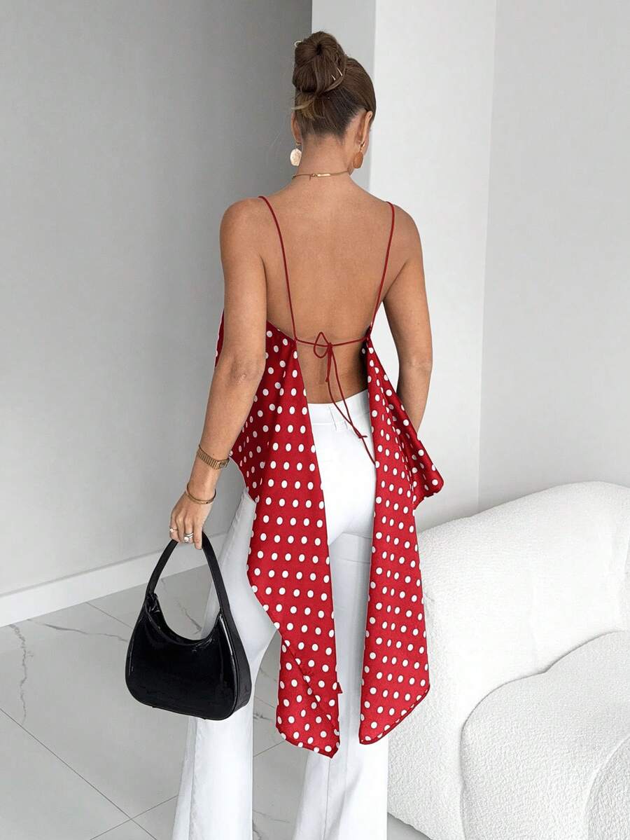 Siren Gaze 女式波尔卡圆点无袖不对称下摆露背时尚背心 - 玫瑰紅 - 查看 1