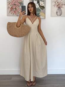 Siren Gaze 女式纯色交叉垂坠长款吊带裙 - 杏色 - 查看 5