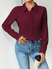 Elenzga Women's Solid Color Long Sleeve Single-Breasted Casual/Work Shirt - Rose Red - View 5