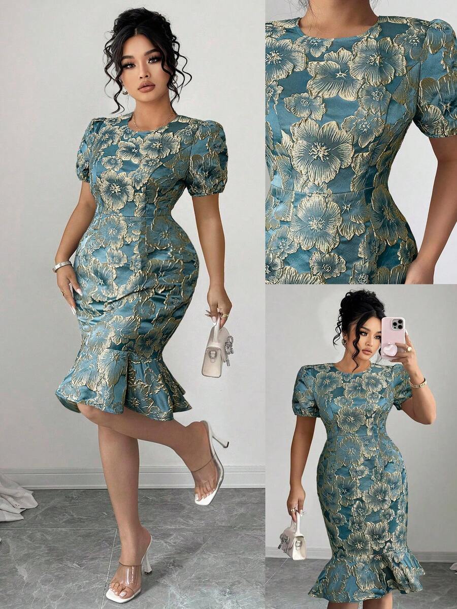 SHEIN Elenzya 大码圆领短袖立体刺绣花卉图案修身法式优雅通勤修身鱼尾连衣裙，橄榄绿 - 藍色 - 查看 1