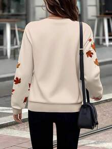 EMERY ROSE Sweat-shirt col rond à demi-zip avec imprimé feuille d'érable, décontracté, convient pour l'automne/l'hiver