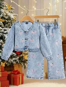 SHEIN Playful Pals Young Girls Denim Two Pieces Outfits, Pink Heart Embroidery Slim-Fit Cardigan Long Sleeve Top And Retro Straight-Leg Blue Denim Pants, Denim Set Two Piece Denim Set Little Girls Sets With Purse Denim Sets For Girls Jean Outfit Set - Light Wash - View 1