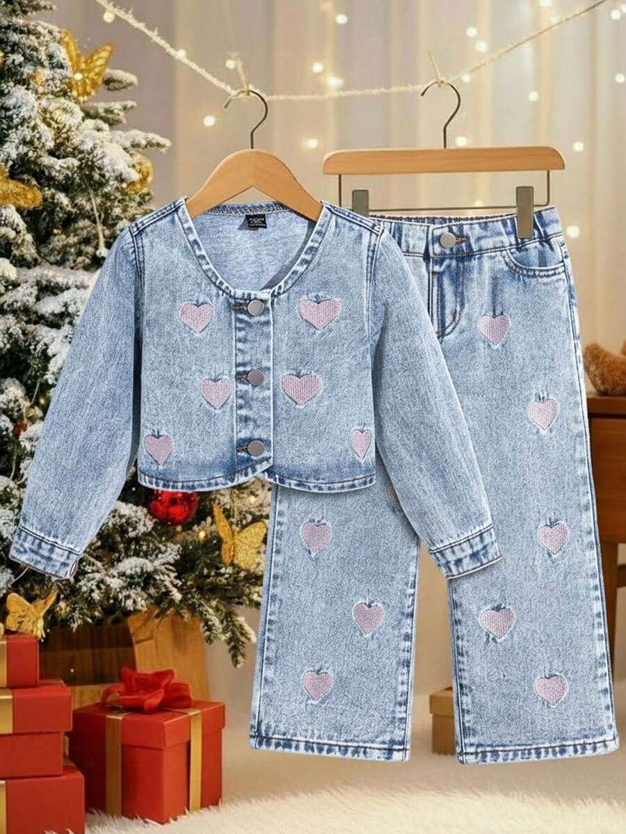 SHEIN Playful Pals Young Girls Denim Two Pieces Outfits, Pink Heart Embroidery Slim-Fit Cardigan Long Sleeve Top And Retro Straight-Leg Blue Denim Pants, Denim Set Two Piece Denim Set Little Girls Sets With Purse Denim Sets For Girls Jean Outfit Set - Light Wash - View 1