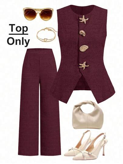 Ellevyn Seashell & Star Button Sleeveless Elegant Blouse,Red Top