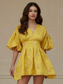 Aveloria Rosie Đầm tay phồng đính nút ngọc trai phong cách Sweet Girl - Màu vàng - Xem 5