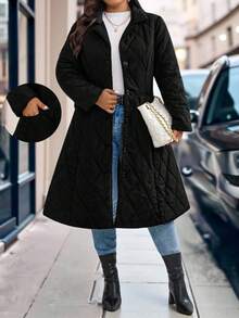 EMERY ROSE Plus Size Black Elegant Collar Waist Cinched Midi Length Flared Quilted Padded Coat - Black - View 5