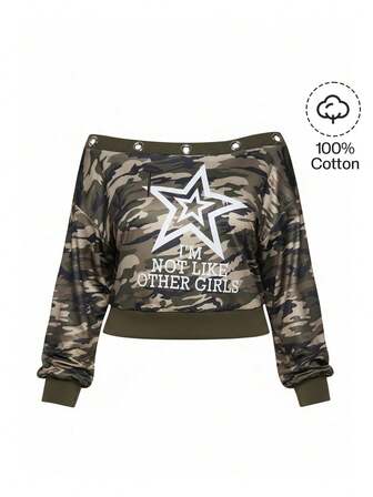Grunge Punk Plus Size Kpop Y2K Subculture Plus Size Kpop Punk Camo Star & Letter Print Off Shoulder Sweatshirt, Streetwear Fashion For Women, Autumn/Winter