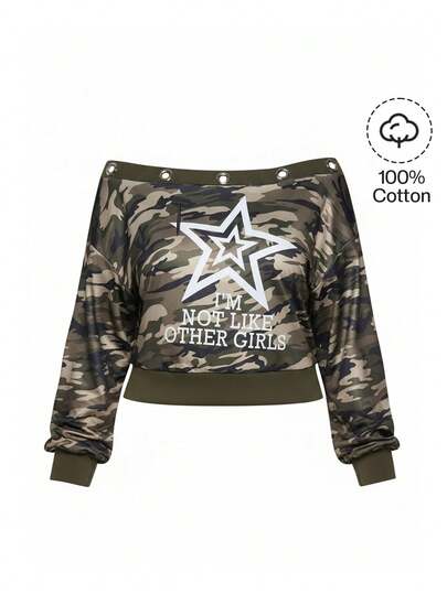 Grunge Punk Plus Size Kpop Y2K Subculture Plus Size Kpop Punk Camo Star & Letter Print Off Shoulder Sweatshirt, Streetwear Fashion For Women, Autumn/Winter