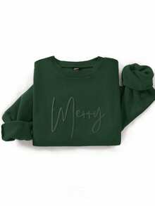 SHEIN LUNE 压印“圣诞快乐”字母卫衣，纯色圆领套头衫，长袖上衣，适合毕业、返校、教师节、秋冬季节家庭定制礼物 - 薄荷綠 - 查看 6