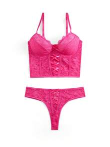 Conjunto de lencería con sujetador con aros y braga con adorno de encaje floral y recorte de puntilla - Rosa Fucsia - Ver 5