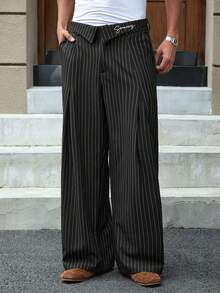 SWAVVY 男士条纹直筒宽松休闲裤，带口袋 - 黑色 - 查看 8